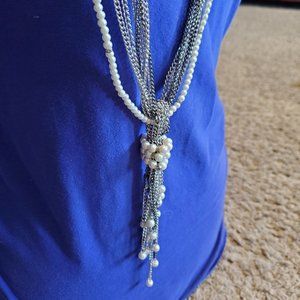 30" Silver Tone and Gunmetal with Faux Pearl 9" Metal Tassel Necklace Casual